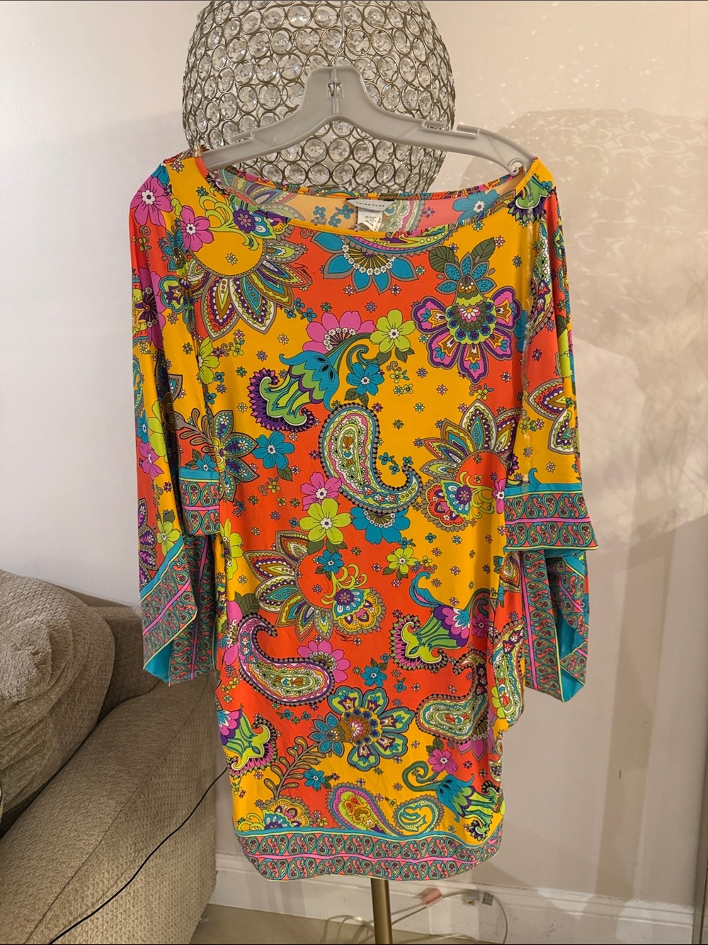 Vibrant Paisley Floral Tunic Dress in Bright Orange & Yellow size M